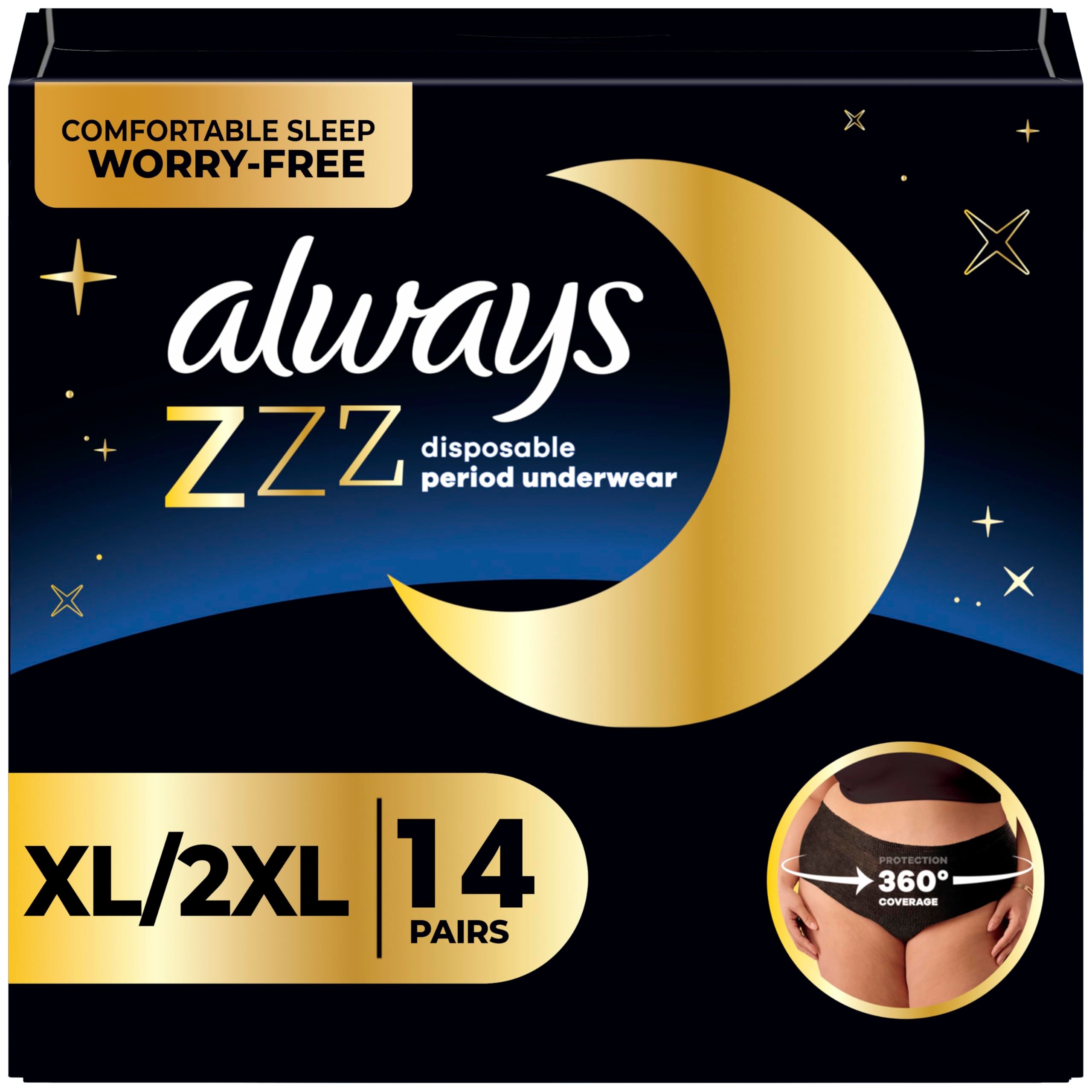 Always ZZZ Overnight Disposable Period Underwear for Women Extra Large/2LX, 360° Coverage for Worry-Free Nights, 14 Count (2 Packs of 7) - Product Image