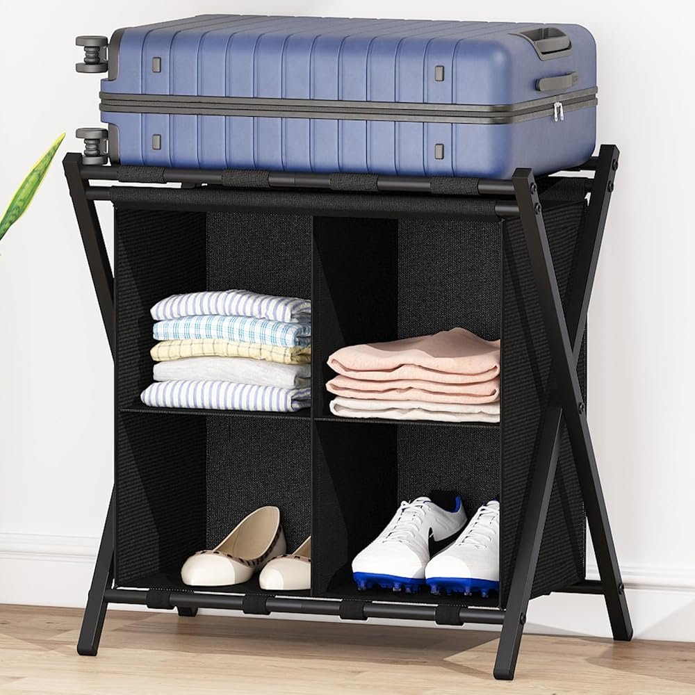 aboxoo Luggage Rack with storage, Guest Room Folding Suitcase Stands, Holds up to 120 lb, Space Saving Suitcase Holders for guest room, Bedroom Hotel, Black - Product Image