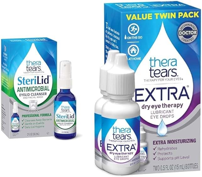 TheraTears Extra Dry Eye Therapy Lubricating Eye Drops for Dry Eyes, 0.5 fl oz Bottle, 2 Count & SteriLid Eyelid Cleanser and Face Wash, for irritated eyes, 2 fl oz Spray - Product Image