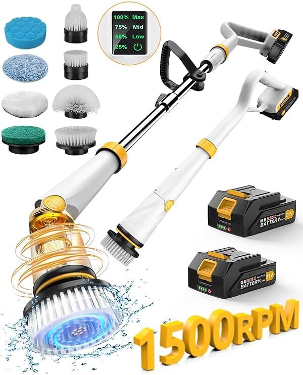 Qimedo Electric Spin Scrubber with Two Batteries Q2 Pro,1500 RPM High Power Electric Scrubber for Cleaning,Shower Cordless Cleaning Brush with Display for Tub/Tile/Floor (Effortless Handle/8 Brushes) - Product Image