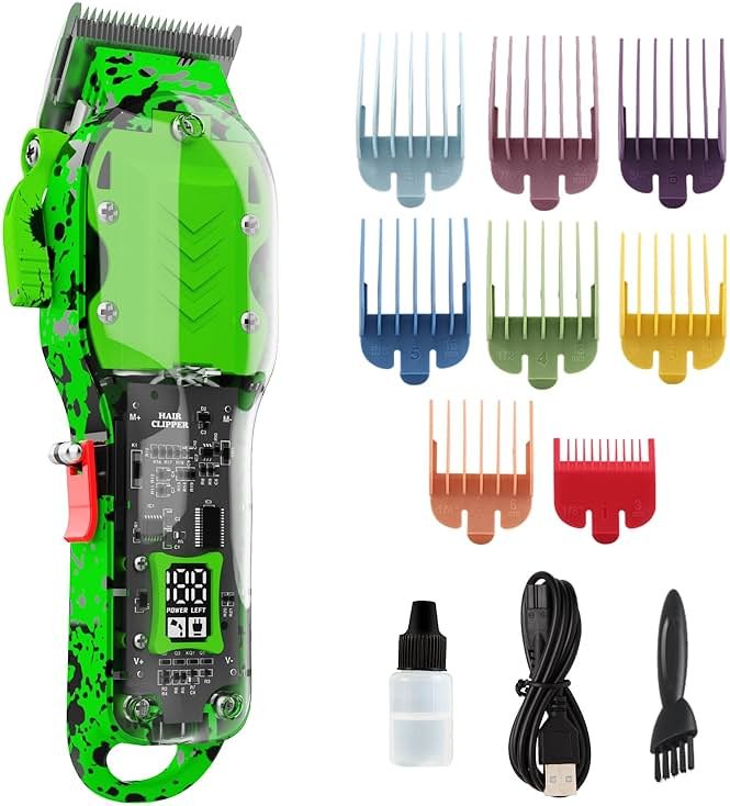 Tuanchuanrp Professional Hair Clippers for Men, Cordless Barber kit for Hair Cutting & Grooming, Hair Clippers Set for Barber Haircut with LED Display 8 Fade Taper Combs(Green) - Product Image