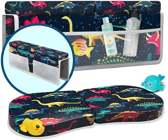 Baby Bath Kneeler and Elbow Rest Pad 2 Pieces Set with 3 Spacious Pocket to Organize Baby Acessories, 1.5" Thick Non-Slip, Soft, Fast-Drying Foldable Toddler Bath (Multi-Color Dino) - Product Image