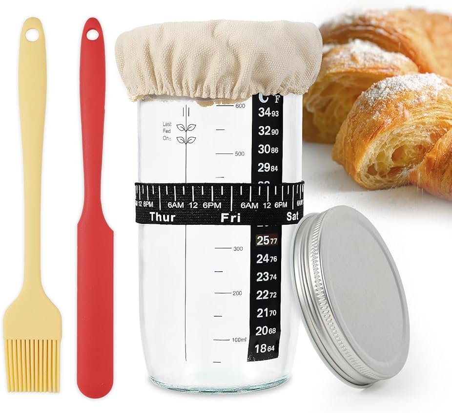 BLuvLy Sourdough Starter Jar, Sourdough Starter Kit with Date Marked Feeding Band, Thermometer, Excellent Scraper, Cloth Cover, Silicone brush and Metal Lid, 24 Oz Sourdough Starter Jar Kit - Product Image