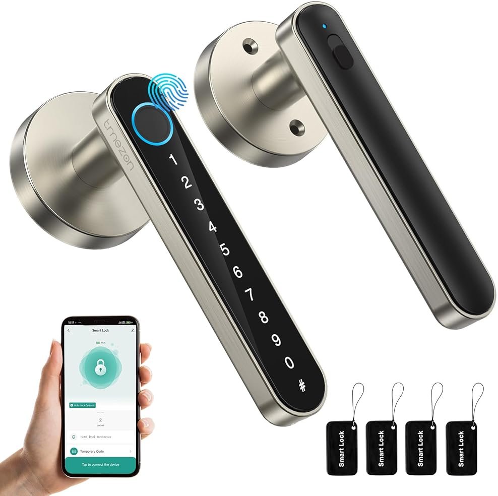 TMEZON Smart Door Lock Fingerprint, Keyless Entry Door Lock with Handle, APP/IC Cards/Codes/Keys/Fingerprints Biometric Electronic Keyless Entry Lock for Bedroom Home Hotel Office - Product Image
