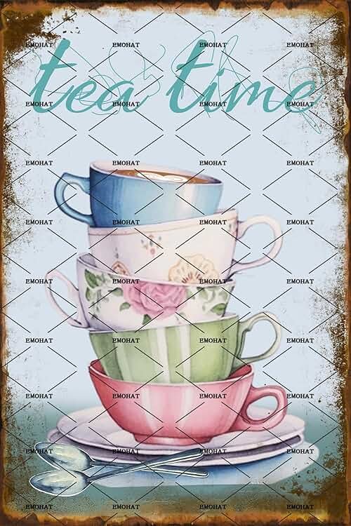EMOHAT Vintage Style Metal Tin Sign Wall Decoration Tea Cup Tea Time Coffee House Dessert Shop Metal Plaque Tin Poster Home Bar Pub Garage Shop Kitchen Restaurant Tin Metal Sign 8x12 Inch - Product Image