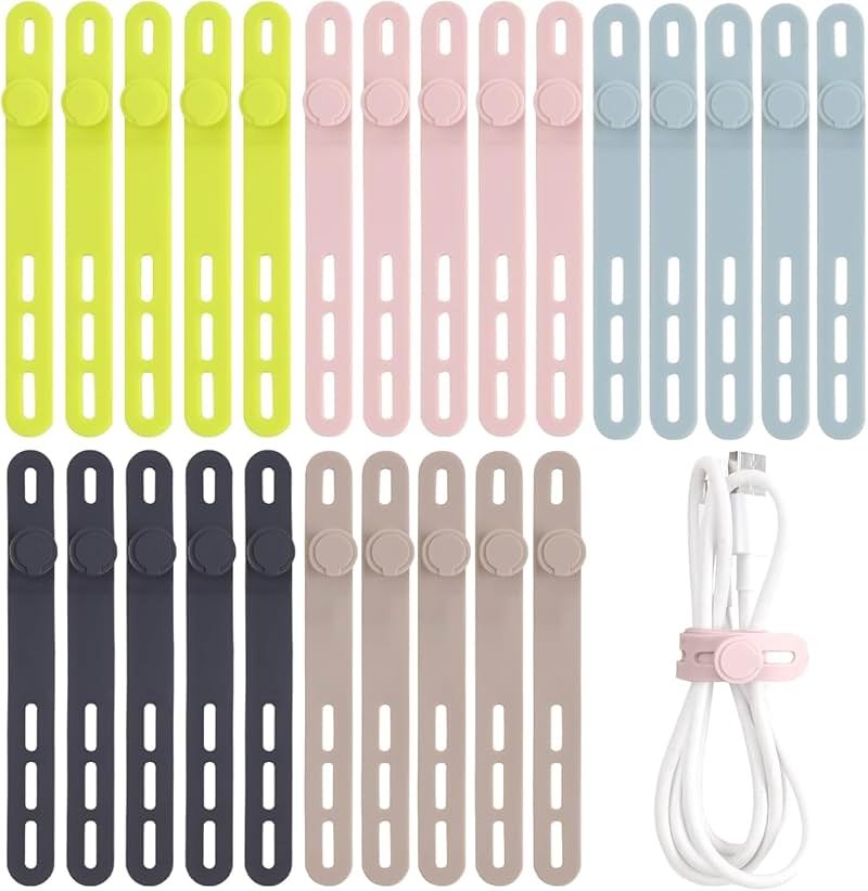 Oligei 25 Pcs Silicone Cable Ties, Cable Ties Reusable, High Elasticity Cord Wraps for Electrical Cords, Cord Organizer for Earphone, Phone Charger(Colorful) - Product Image