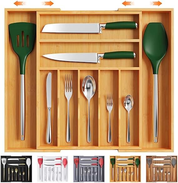 Bellsal Large Premium Bamboo Silverware Organizer - Expandable Utensil Drawer Organizer - 17"x19.6" Utensil Holder and Cutlery Tray with Grooved for Kitchen Flatware and Utensils Mother's Day Gift - Product Image