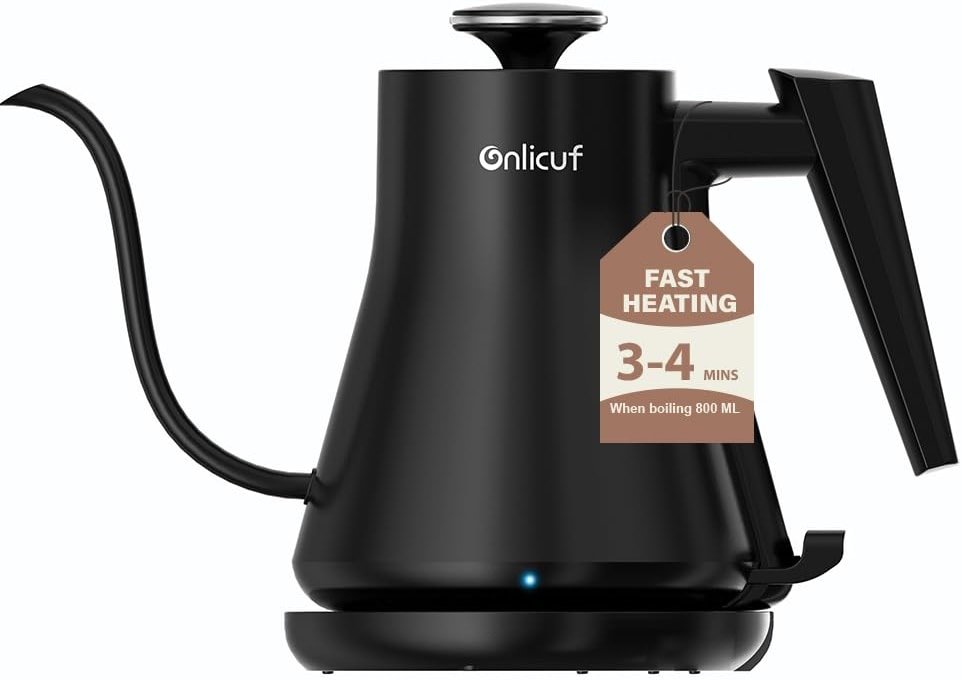 Onlicuf Gooseneck Electric Kettle 0.8L (27oz) - 1000W Rapid Fast Boiling Tea Kettle with Auto Shut Off & Boil-Dry Protection, Stainless Steel Leak-Proof Water Boiler for Pour Over Coffee, Black - Product Image
