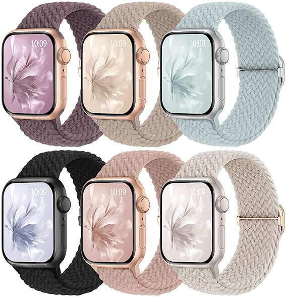 6 Pack Braided Stretchy Bands Compatible with Apple Watch Band 38mm 40mm 41mm 42mm 44mm 45mm 46mm 49mm Women Men, Adjustable Nylon Solo Loop Elastic Straps for iWatch Series 11 10 9 8 7 6 5 4 SE Ultra - Product Image