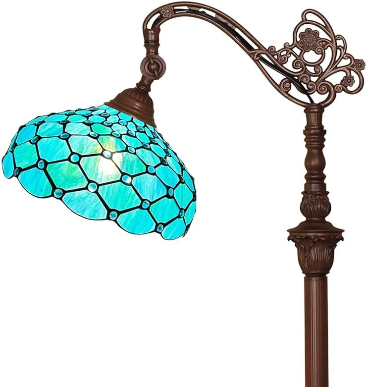 Capulina Tiffany Lamp Stained Glass Floor Lamp 62 Inches Tall Seagrass Blue Beads Soft Light Arched Adjustable Angle Tiffany Style Reading Lamp for Living Room Bedroom Study Home Office - Product Image