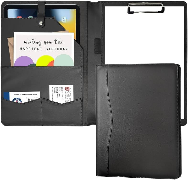 Portfolio Folder Padfolio with A4 Clipboard, PU Leather Portfolio Clipboard Business Binder Writing Clip Board Organizer for Legal Documents Business Card Men Women Black - Product Image