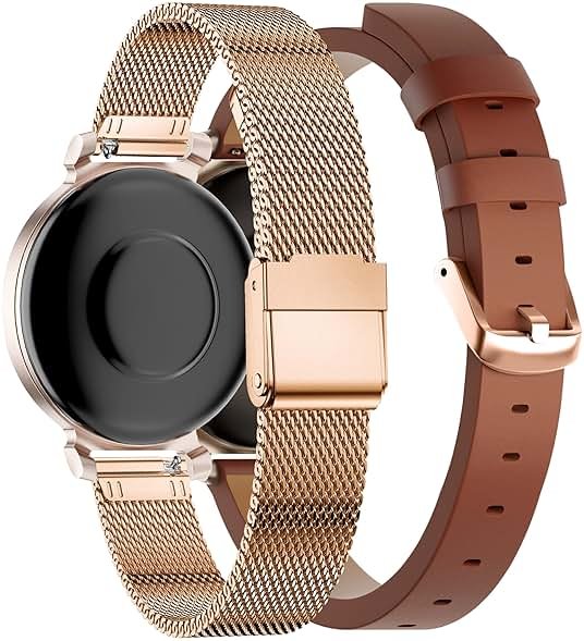 EANWireless Compatible for Garmin Lily2 Band, Milanese Stainless Steel +Leather Wristband Adjustable Replacement Slim Accessory Fit for Garmin Lily2 Smartwatch Women Dressy - Product Image