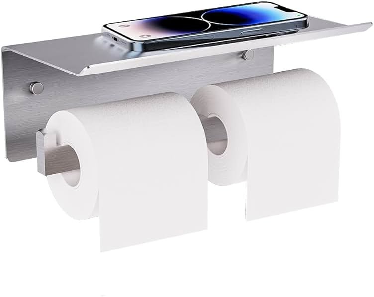 Double Toilet Paper Holder with Shelf, FreshGlow Large Tissue Holder Brushed Nickel, Wall Mount Commercial Toilet Paper Dispenser Phone Shelf Stainless Steel, Tissue Roll for Bathroom - Product Image