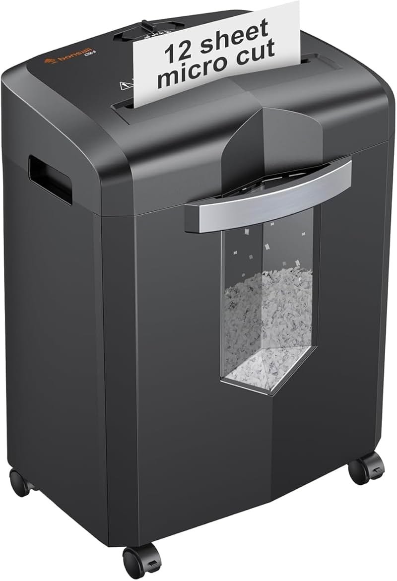 Bonsaii 12-Sheet Micro Cut Shredder, P-4 Security Level, Shreds Paper, CD, Credit Card, Mail, Staple & Clip - 60 Min Continuous Use, Jam-Proof System, 4.2 Gal Pullout Bin - Product Image