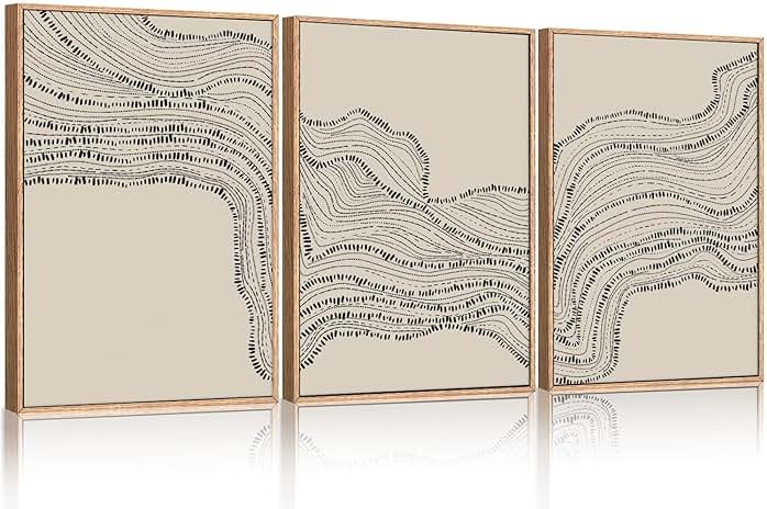 HLNIUC Neutral Abstract Framed Canvas Wall Art Set, Black Beige Wave Line Wall Decor, Large Minimalist Painting, Modern Geometric Art Print for Living Room, Bedroom, Dinning Room, Office - 16"x24"x3 - Product Image