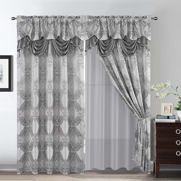 Petrichor Elegant Curtains with Gold Silver Threads 2 Panels Set - Luxury Window Treatment Attached Valance, Sheer Backing, and 2 Tie Backs for Bedroom and Living Room, 54x84 inches, Silver - Product Image