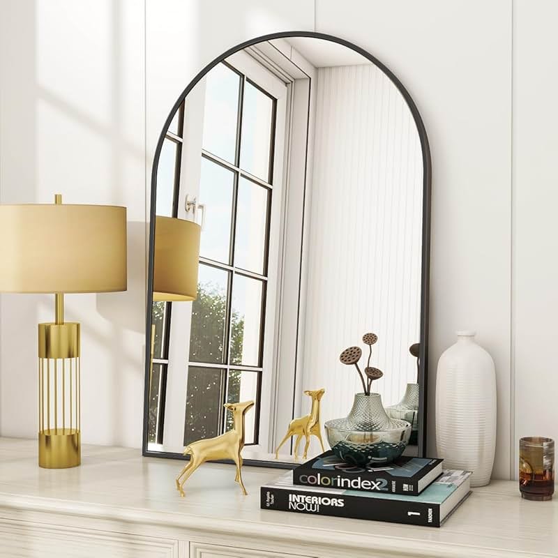 VooBang Arched Wall Mirror, 24 x 36 inch Arch Bathroom Mirror, Wall Mounted Vanity Mirror with Arch Metal Frame, Modern Bathroom Vanity Mirror for Bedroom, Living Room, Hanging or Leaning, Black - Product Image