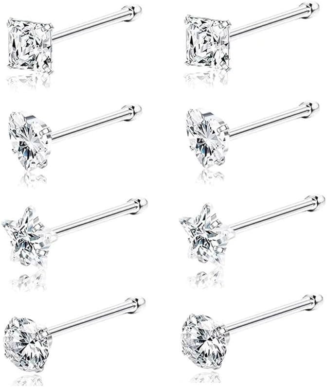 SEEDRILL 8Pcs 20G Nose Rings studs for Woman Hypoallergenic Nose Studs 316L Surgical Steel with Gold Plated Nose Piercings Jewelry 3mm CZ L Shape Nose Rings 20 Gauge Nose Stud Nose Screw Studs - Product Image