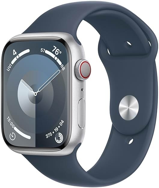 Apple Watch Series 9 [GPS + Cellular, 45mm] - Aluminum Silver Case with Storm Blue Sport Band, M/L - Product Image