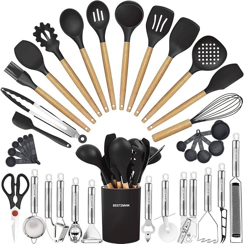 Cooking Utensils Set- 35 PCs Kitchen Utensils with Grater,Tongs, Spoon Spatula &Turner Made of Heat Resistant Food Grade Silicone and Wooden Handles Kitchen Gadgets Tools Set for Nonstick Cookware - Product Image