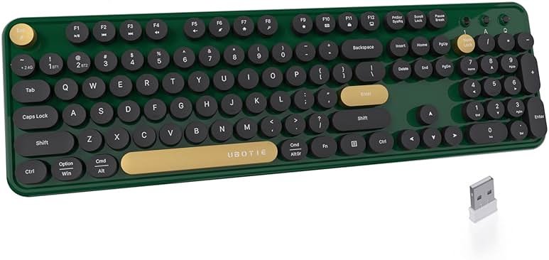 UBOTIE Dual Mode Colorful Wireless Keyboard, Bluetooth and USB Receiver Retro Typewriter Round Keycaps Keyboard Support Multi Devices for PC Laptop Tablet Phones(Dark-Green) - Product Image