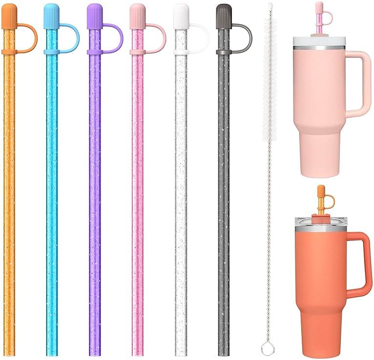 6 Color Replacement Straws with Cover Caps for Stanley Cup 40 oz 30 oz 20 oz 14 oz 64 oz Tumbler, Reusable Drinking Straws with Topper, Stopper, Cleaning Brush for Stanley Cup Accessorie - Product Image