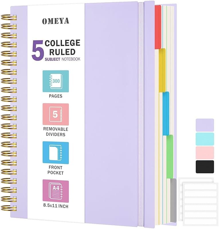 Spiral Notebook 8.5" x 11", 5 Subject Notebooks College Ruled with Removable Dividers, 300 Pages 100GSM Thick Spiral Writing Journal for Women & Men, Large A4 Lined Journal Notebooks for Work, School - Product Image