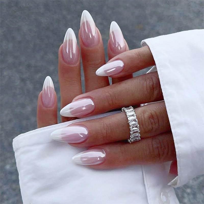 FJSMTOPl Press On Nails - Almond Fake Nails - French Tip False Nails Press ons - Medium Glue on Nails with Chrome Design - for Women Stick on Nail 24Pcs - Product Image