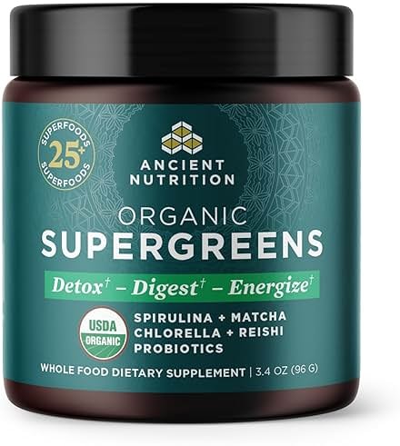 Ancient Nutrition Organic SuperGreens Powder with Probiotics, Organic Greens Flavor Greens, Made from Real Fruits, Vegetables and Herbs, Digestive and Energy Support, 12 Servings, 3.4oz - Product Image