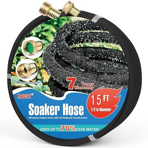 Naicet Soaker Hose 15FT Heavy Duty Rubber Saves 75% Water End Cap Included for Additional Hose Connect Great for Gardens/Flower Beds - Product Image