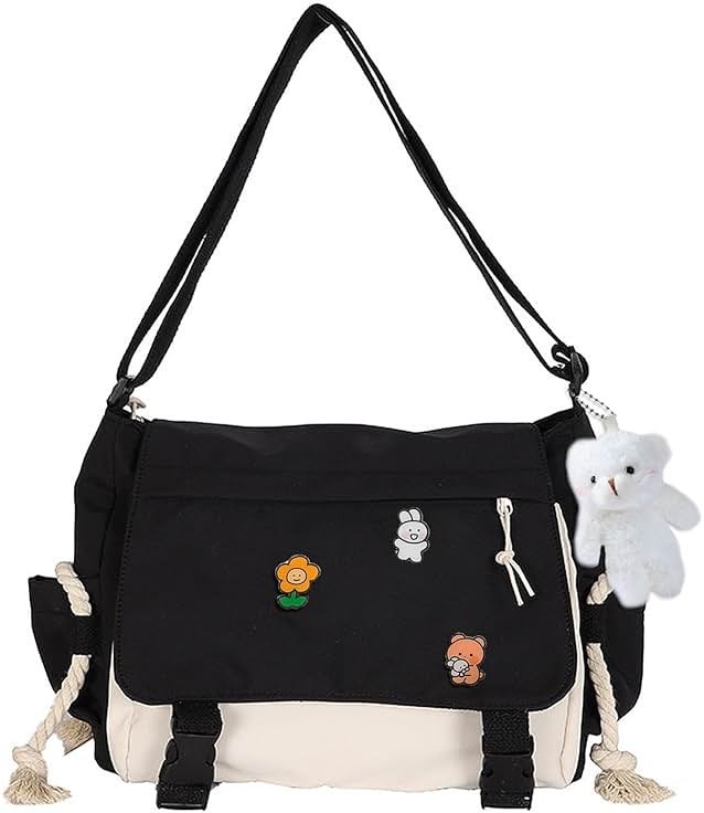 PRLINJSK Cute Messenger Bag for Teen Girls Women, Kawaii Crossbody Shoulder Purse with Pins and Stuffed Pendant Gift - Product Image