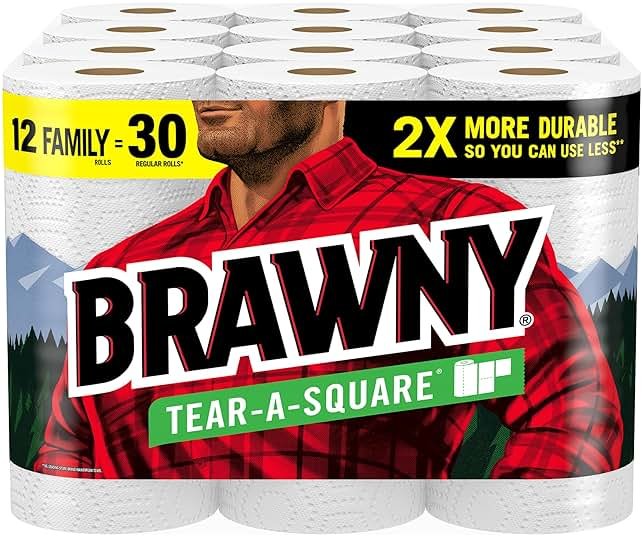 Brawny Tear-A-Square Paper Towels, 12 Family Rolls = 30 Regular Rolls, 2X More Durable*, 3 Sheet Sizes, Strong and absorbent extra-large roll - Product Image