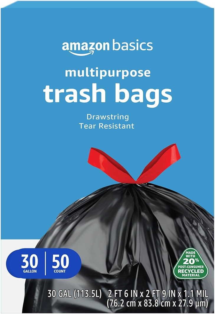 Amazon Basics 30 Gallon Multipurpose Drawstring Trash Bags, 20% Post Consumer Recycled, Black with Red Drawstring, 50 Count - Product Image