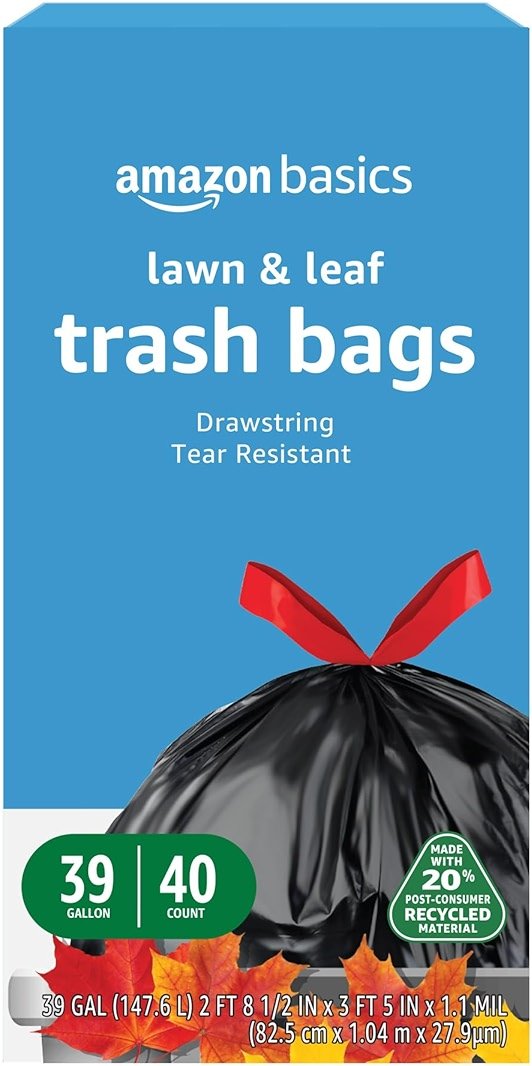 Amazon Basics 39 Gallon Lawn & Leaf Heavy Duty Drawstring Trash Bags, 20% Post Consumer Recycled, 40 Count, Black - Product Image