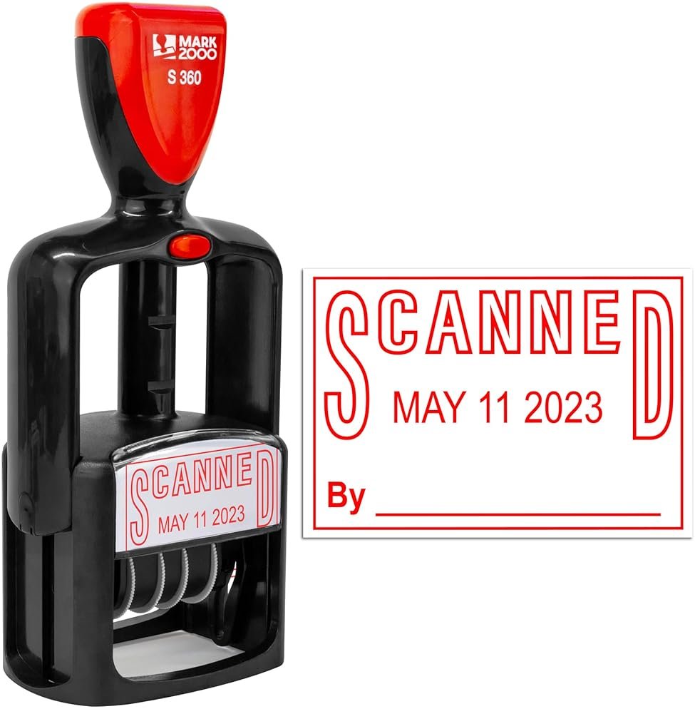 Mark 2000 Self-Inking Rubber Date Office Stamp with Scanned Phrase - Red Ink - 12-Year Band - Product Image