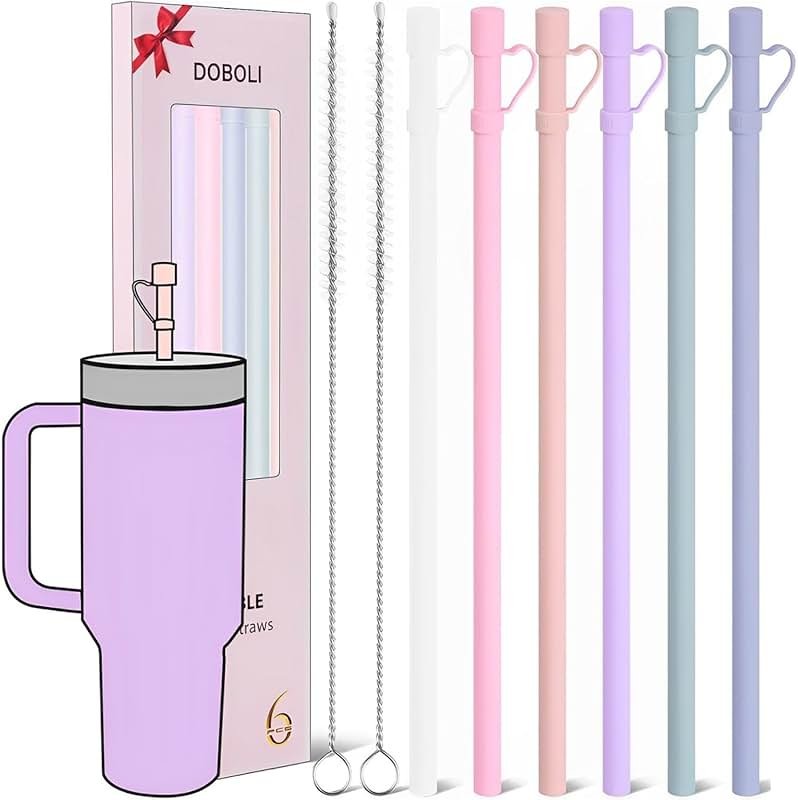 Reusable Replacement 12 inch Long Silicone Straw With Cover, Stocking Stuffers Gifts for Women Men Teens Girls Boys, Compatible with Stanley Tumbler Cup Accessorie 40 oz 30 oz (6 Pack) - Product Image