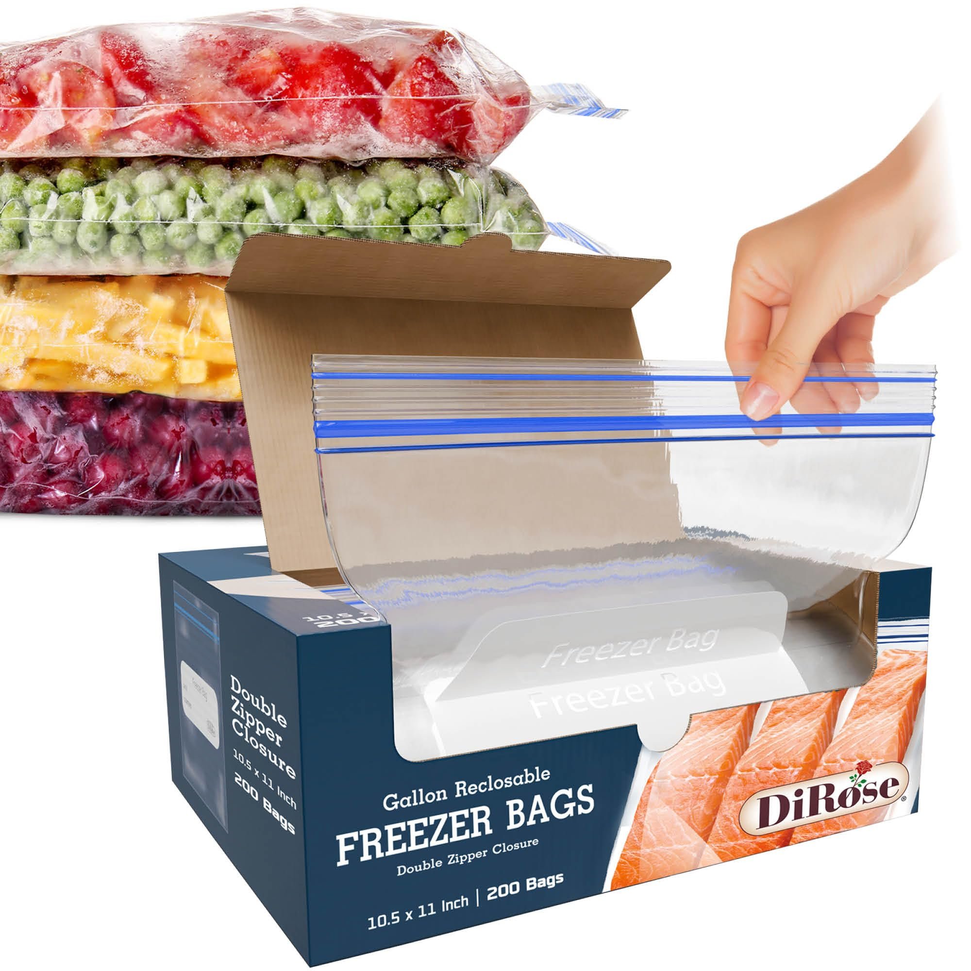 DiRose Reclosable Freezer Bags - 1 Gallon Size (200 Pack) | Double Zipper, Airtight Seal, BPA-Free, Premium Thick Heavy-Duty Bags for Safe and Secure Food Storage - Product Image