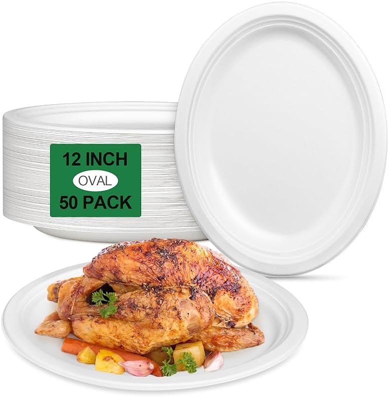 Uniecocus Large Paper Plates 12 Inch, 50 Pack Oval Plates Heavy Duty, Compostable Dinner Plates Eco Friendly Disposable Plates, White Paper Plate Sturdy Strong for Party BBQ Picnic Outdoor - Product Image