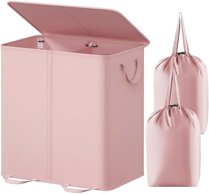 Lifewit Double Laundry Hamper with Lid and Removable Laundry Bags, Large Collapsible 2 Dividers Dirty Clothes Basket with Handles for Bedroom Laundry Room Closet Bathroom College, 136L Pink - Product Image