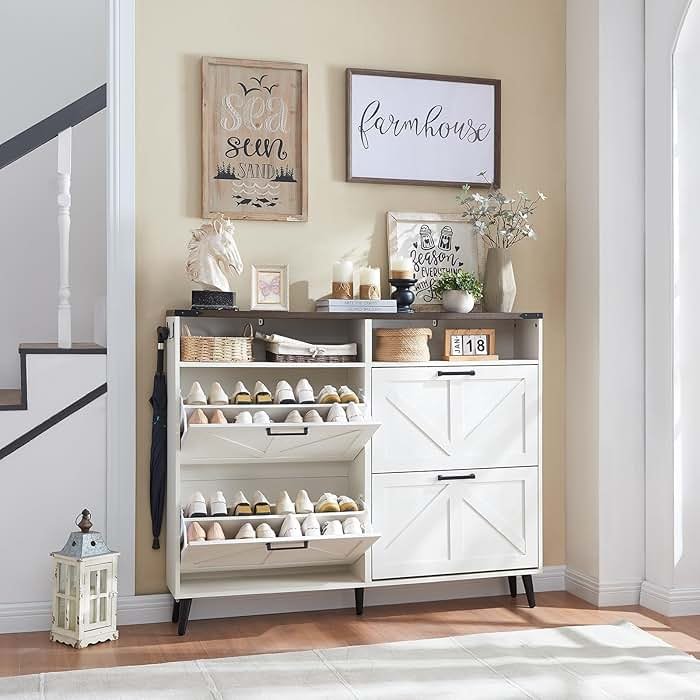 Barnyatoh Shoe Storage Cabinet,Farmhouse Shoe Organizer with 4 Flip Drawers & Barn Door Design,Freestanding Hidden Slim Narrow Shoe Rack with Open Shelves for Entryway,Foyer,Hallway,Antique White - Product Image