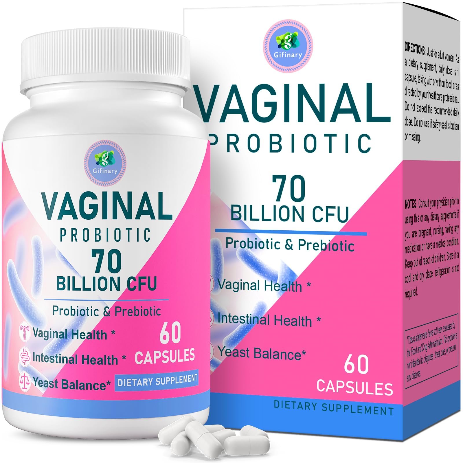 Vaginal Probiotics, PH Balance for Women, 70 Billion CFUs Womens Probiotic for Vaginal health, Urinary, Odor Control, Flor, Ph Balance & Hormone, with Prebiotic & D-Mannose - Shelf Stable, 60 Caps - Product Image