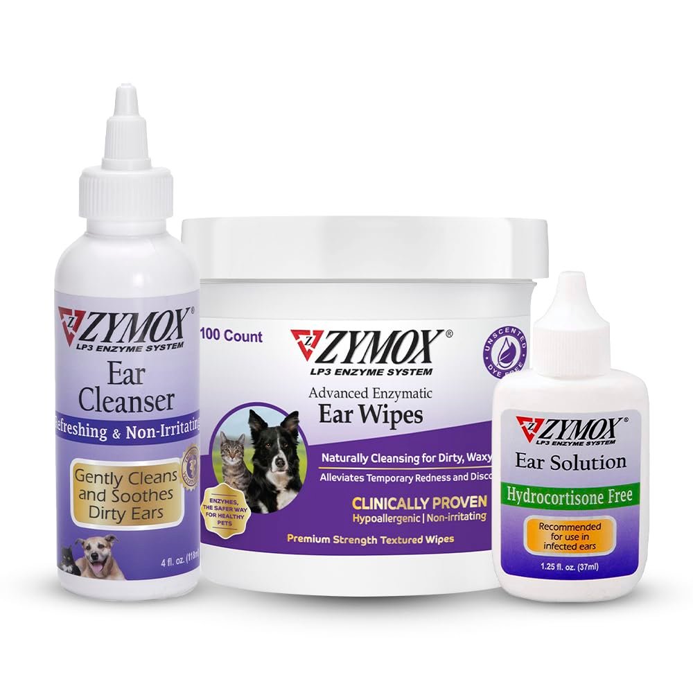 Zymox Enzymatic Ear Wipes, Ear Cleanser, & Ear Solution Without Hydrocortisone for Dogs and Cats - Product Bundle - for Dirty, Waxy, Smelly Ears and to Soothe Ear Infections - Product Image