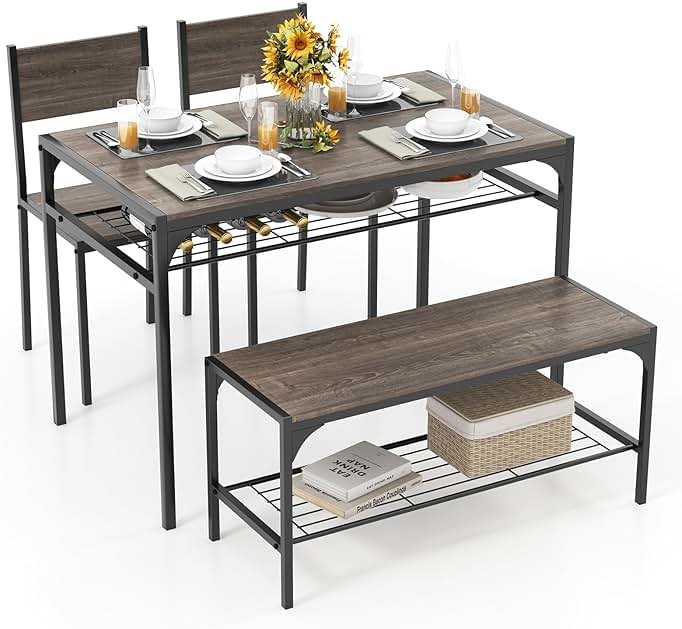 Tangkula Dining Table Set for 4, Kitchen Table and 2 Chairs for 4 with Bench, Additonal Storage Rack, 4 Piece Dining Table Set for Small Space, Apartment - Product Image