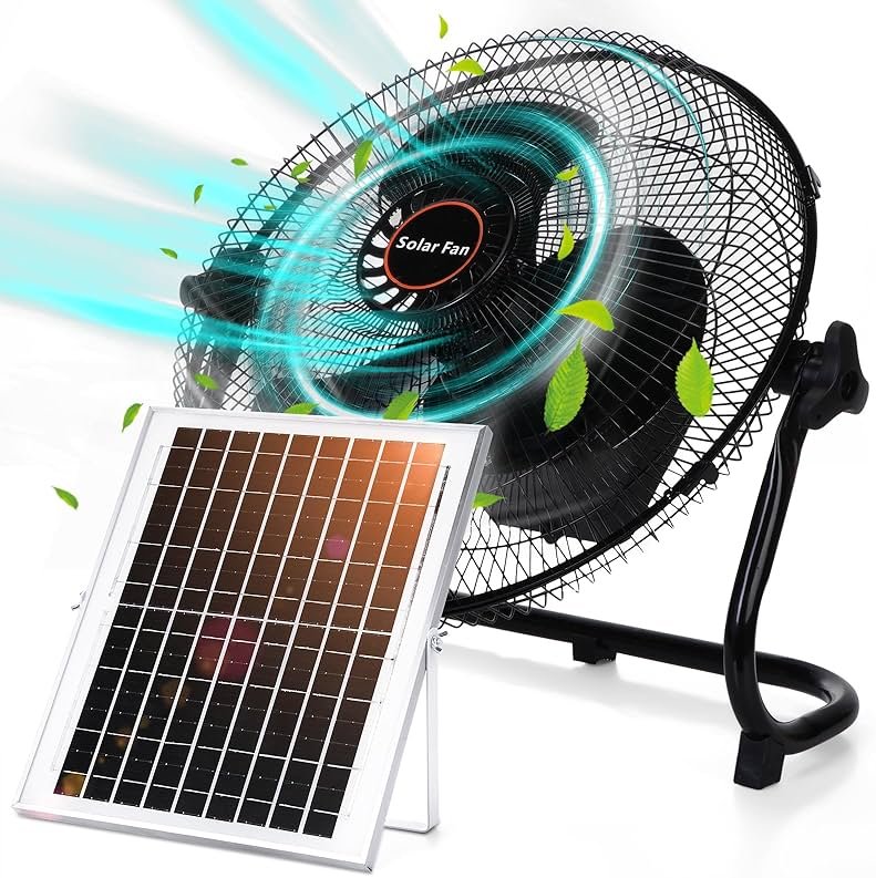 Tujoe 15000Mah 12 Inch Solar Panel Powered Fan, 2 in 1 Solar Panel or AC Charger Powered Fan 12W 9V Portable for Chicken Coop Greenhouse Household Exhaust Camping Travel Outdoor(Black) - Product Image