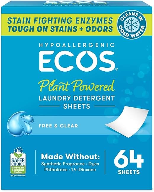 ECOS Laundry Detergent Sheets Vegan, No Plastic Jug, No Mess & Liquid Free - Hypoallergenic, Plant Powered Laundry Detergent Sheet - Free and Clear - 64 Count (Pack of 1) - Product Image