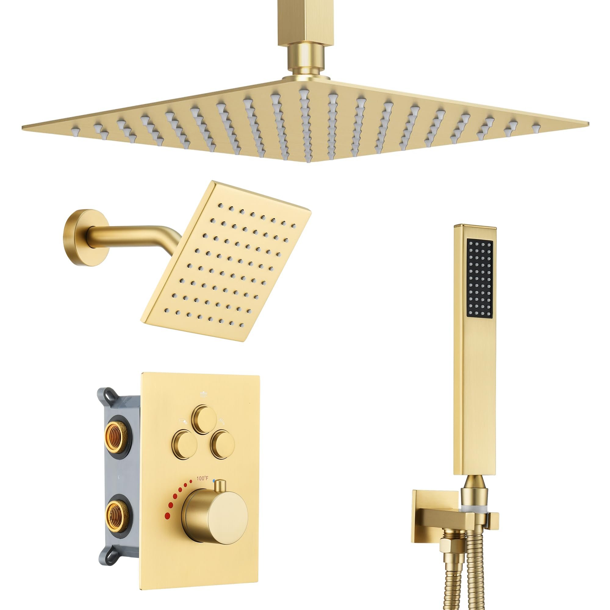 JetsBath Thermostatic Dual Shower Heads System with Ceiling 12-Inch Rainfall Shower & Wall Mount 6-Inch High Pressure Shower Head, Brushed Gold Bathroom Shower Faucet Set with Handheld Sprayer - Product Image