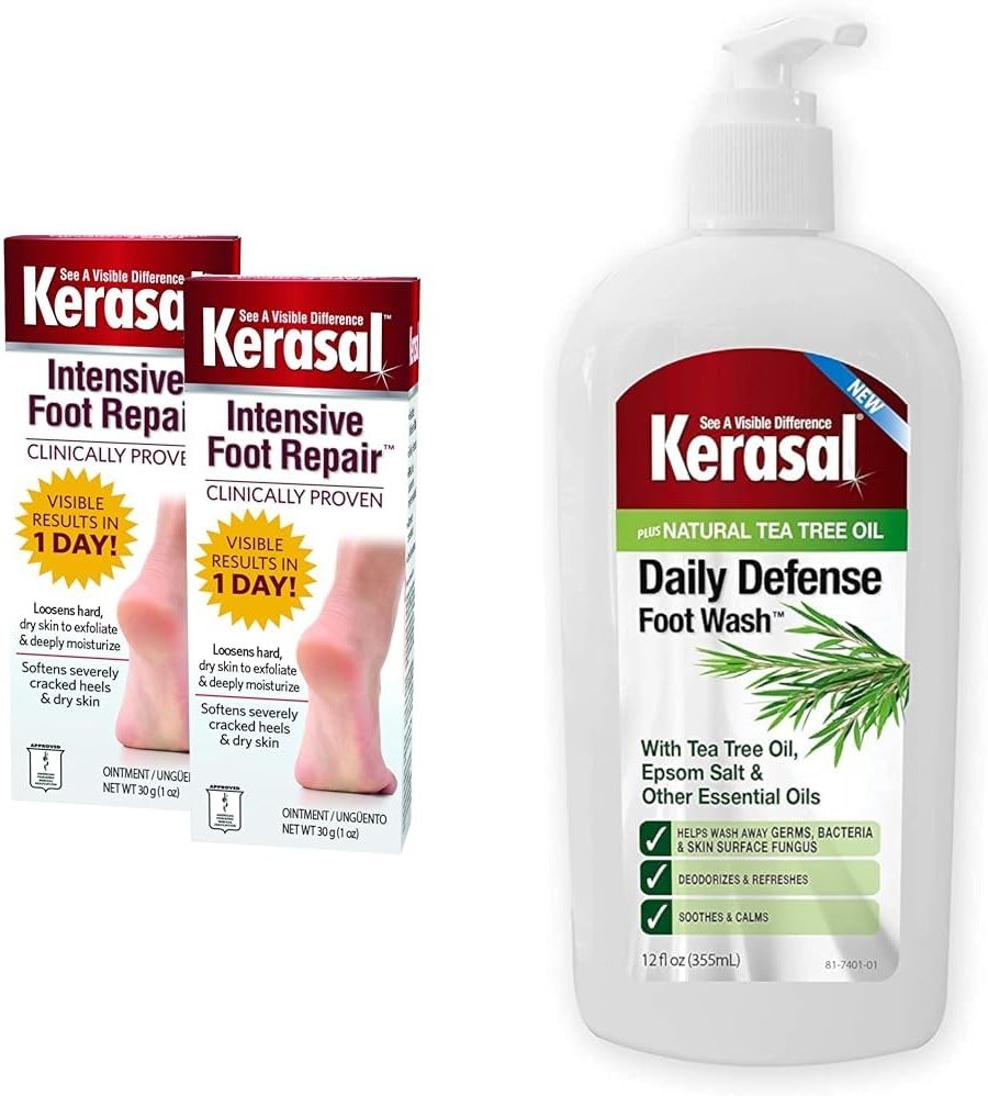 Kerasal Intensive Foot Repair Skin Healing Ointment for Cracked Heels and Dry Feet 1 oz, 2 Count & Daily Defense Foot Wash Daily Cleanser for Feet, 12 Ounce - Product Image