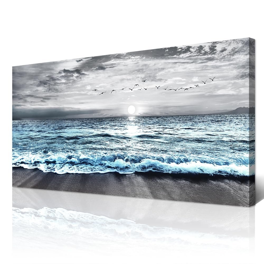 Wapluam Large Wall Decor For Living Room Canvas Wall Art For Bedroom Office Wall Decorations Black And White Painting Blue Sea Wave Pictures Artwork For Modern Stretched and Framed Beach Posters - Product Image