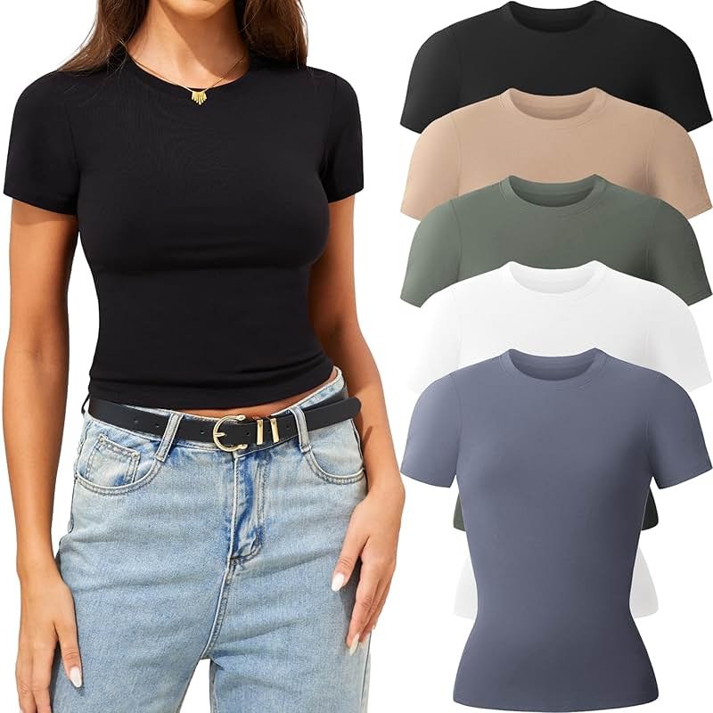CE' CERDR 3/5 Pack Womens T Shirts Crew Neck Short Sleeve Shirts for Women Casual Basic Tees Fitted Stretchy Layering Tops - Product Image