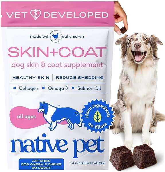 Native Pet Skin & Coat Chews - Omega 3 Fish Oil for Dogs Skin & Coat Supplement - Itch Relief, Shiny Fur & Shedding Support - Collagen, Hyaluronic Acid, Biotin, Probiotics & Salmon Oil - 60 Chews - Product Image